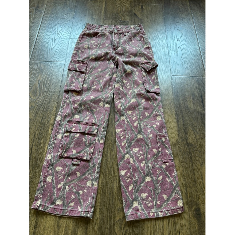 Riley & James Burgundy Branch Camo Wide Leg Cargo Pants XS Utility Denim